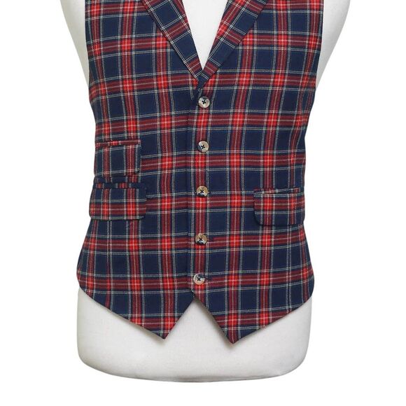 Mens Vest 44R Tartan Plaid Wool Blue Red Lapel Waistcoat Formal Wedding Party - Picture 5 of 9